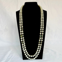 Vintage 56″ Long Faux Pearl AB Crystal Rope Necklace Gold Tone Aurora Borealis