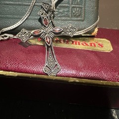 Vintage 925 Silver, Marcasite and Garnet Cross Pendant Necklace