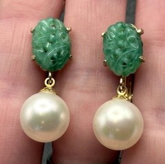 Vintage Marvella Peking Glass Faux Jade Faux Pearl Dangle Clip Ons Earrings