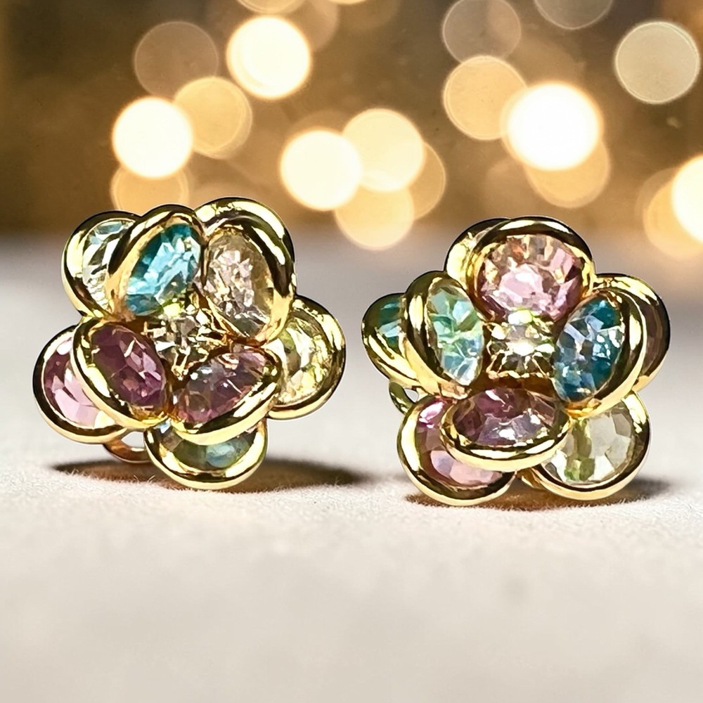 Vtg Bezel Set Earrings Pierced Pastel Blue Pink Clear Green Rhinestone Center