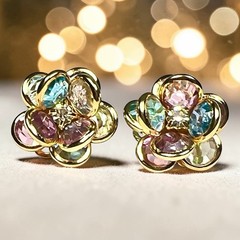 Vtg Bezel Set Earrings Pierced Pastel Blue Pink Clear Green Rhinestone Center