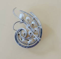 Vintage Japanese 950 Silver Akoya Cultured Pearl Swirl Spray Brooch Pin Round