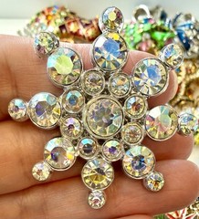 Vintage AB Rhinestone Snowflake Brooch Aurora Borealis Silver Tone 1.75”
