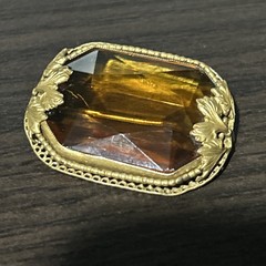 Vintage Nouveau Signed Czech Topaz Amber Glass Open Bezel Set Brooch Pin Amazing