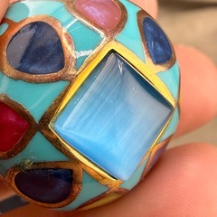 Enamel Dome Ring Blue Abstract Stainless Steel Gold Tone Size 8.75