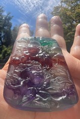 Natural Burmese Rainbow Amber Pendant Peony Carving Luminous Collectible Gift