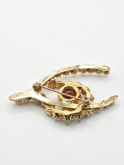 Vintage Goldtone Red AB, Art Glass, And Faux Pearl Brooch And Earring Set