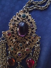 Vtg Mid Century Filigree Pendant Necklace Cabochon Glass 60s 70s Boho