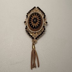 Vintage Victorian Revival Brooch Lot of 2 Gold Black Enamel Tassel Filigree