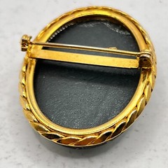 Gold Tone Cameo Brooch Oval Blue background – 1 5/8″ x 1 3/8″