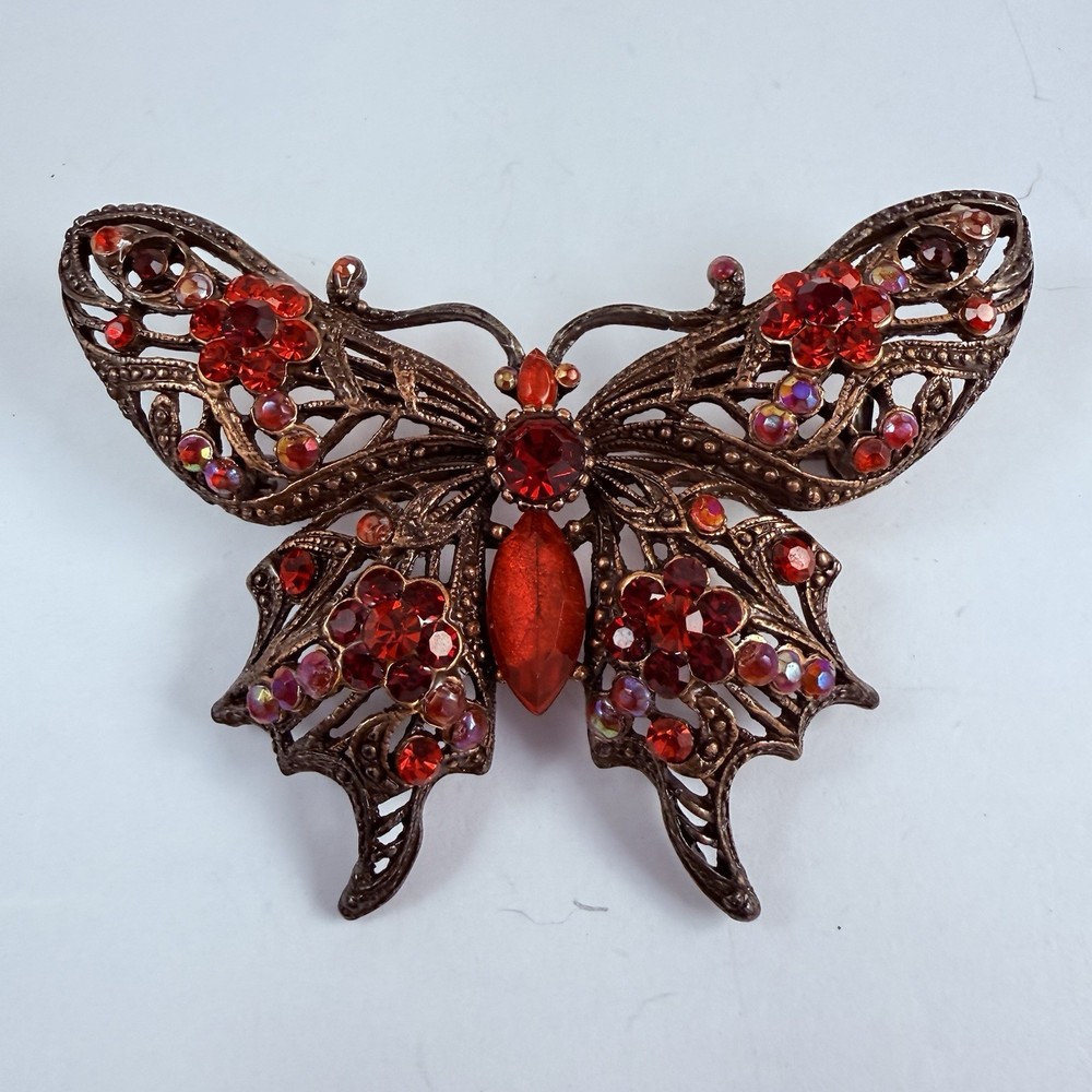 Vintage 90s to More Modern Red AB Rhinestone Copper Tone Butterfly Brooch