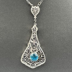 Art Deco Sterling Silver Filigree Necklace Teal Rhinestone Necklace 16″ Antique