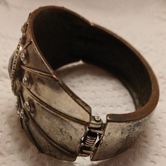 Vintage Silver tone rhinestones and black cabochon stone cuff bracelet