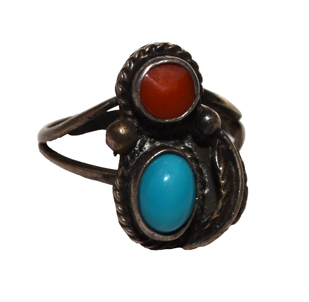 Vtg Southwestern Turquoise Engraved Leaf Sterling Silver Ring 2.6 Gram Size 4.25
