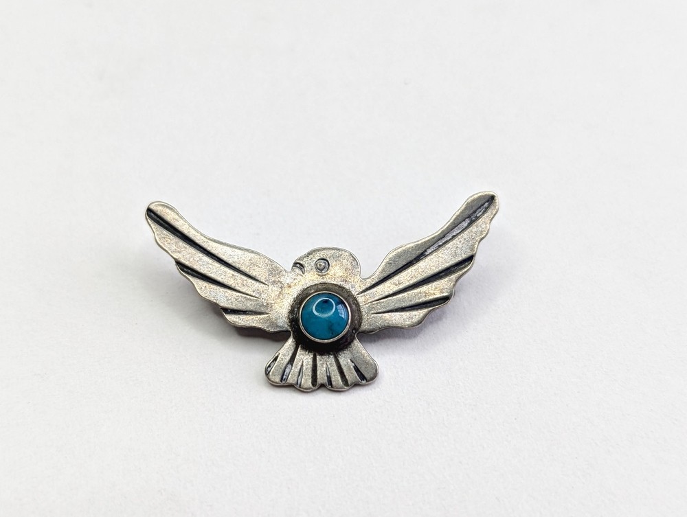 Vtg Handmade Navajo Fred Harvey Era Sterling Silver Thunderbird Turquoise Brooch