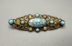 Czech Vintage Turquoise Blue Glass Cabochon Brass Filigree Brooch Pin 2.25”