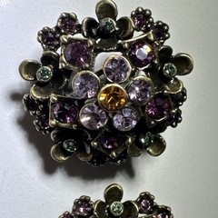 Vintage LaVintage Antiqued Gold Brass Purple Crystals Flowers Earrings Pierced