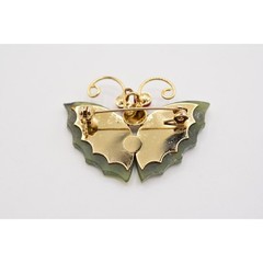 Vintage Butterfly Pin Brooch Green Cabochon Faux Jade Gold Tone 1970s BinAQ