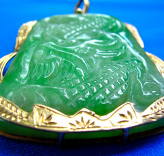 Original EARTH MINED Antique Green JADE DRAGON Pendant 14K GOLD Deco Luck Gift