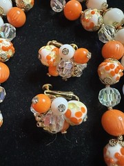 Vintage Vendome Necklace Earrings Orange, White And Gold Plated Unique Beads 15”