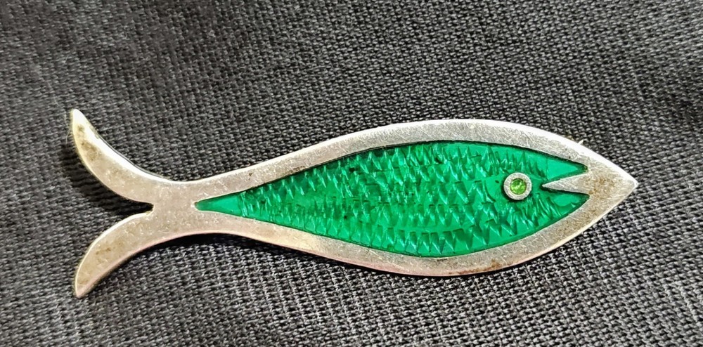 Vintage Taxco Sterling Enamel Fish Brooch Eagle 3 SB Signed Green Mid Century
