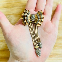 VTG CRC Charles Reis Bow Pin Brooch Rhinestone 12K Gold Filled Tassel Art Deco