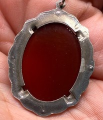 Vintage Sterling Silver Pendant Carnelian Cabochon Marcasite Accents 1 3/4″
