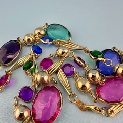 Vintage Open Bezel Lucite Necklace Gold Tone Multicolor Oval Round Faceted