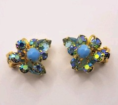 VTG Juliana Blue Teardrop AB Aurora Borealis Florette Clip-on Earrings FABULOUS!