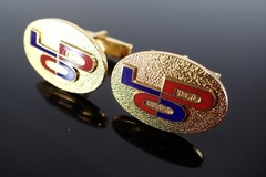 Vintage Gold Tone Red Blue Enamel LDO Initial Cufflinks Oval Textured Design