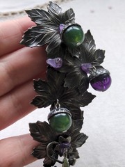 Vintage 60s Grape Vine Clip On Earrings And Matching Brooch, Silver Tone