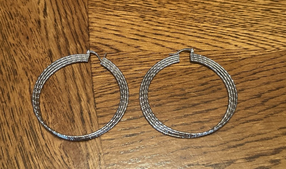 Large Vintage Signed ATI 925 Sterling Silver Textured Pierced Hoop Earrings 2”