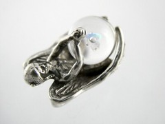 Vintage Unmarked Sterling Silver Angel Holding Opal in Resin Pendant 6.5g .75 In