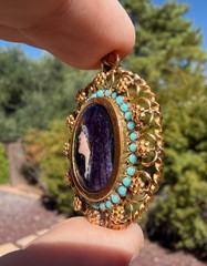 Antique 19k Solid Yellow Gold Filigree Enamel Cameo Turquoise Pendant Portugal
