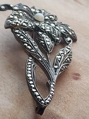 Antique Markasite Flower brooch with Akoya pearl- 800 Silver