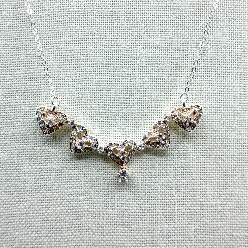 Vintage Silver Tone Heart Pendant Necklace Champagne Rhinestone Accent Dainty