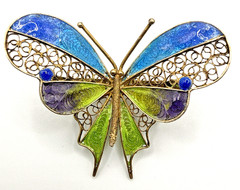 Antique 800 Silver Filigree Enamel Butterfly Brooch Blue Green Purple Pin
