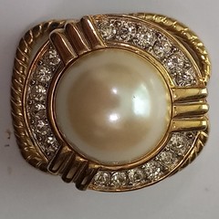 Vtg 1970s 1980s Scarf Slide Ring Gold Tone Large Pearl Cabochon Rhinestone Chunk