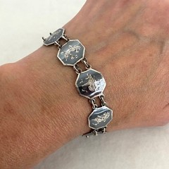 VTG Siam Sterling Silver 925 Niello Black Enamel Panel Bracelet 6.75″
