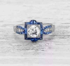 Art Deco Style Lab Created Diamond & Sapphire 14K White Gold FN Engagement Ring