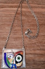 Artist Signed Anthony Quinn Modernist “Child” Enamel Sterling Silver Necklace