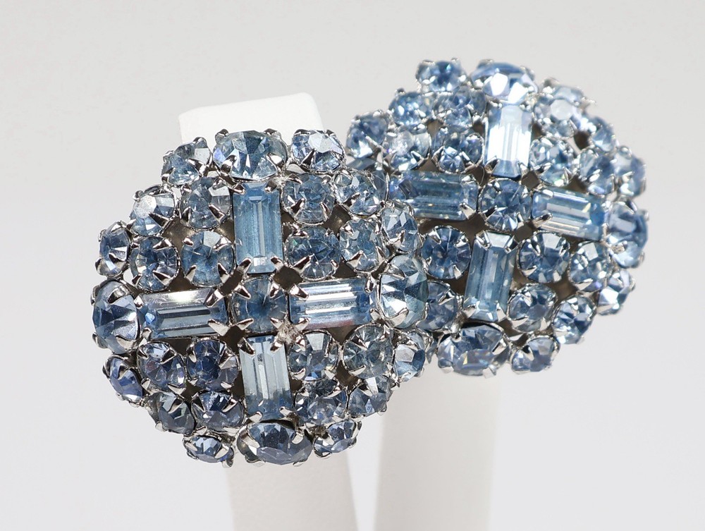 Vintage Rhinestone Earrings Domed Blue Baguette Round Stones Silver Tone Clip-on