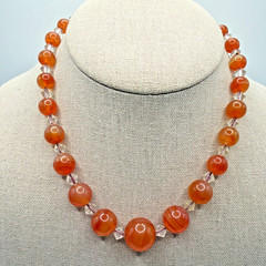 Vintage Hand-knotted Carnelian Clear Glass Graduated Bead Necklace