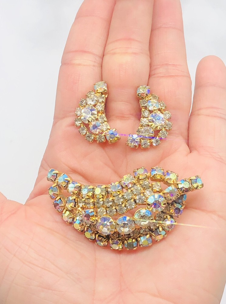 Vtg Signed CONTINENTAL Pink Clear AB Glass Rhinestones Earrings Brooch Pin Set