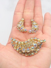 Vtg Signed CONTINENTAL Pink Clear AB Glass Rhinestones Earrings Brooch Pin Set