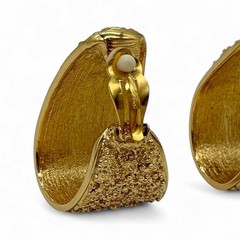 Vintage YSL Gold Tone Textured Clip On Earrings France Signed Statement
