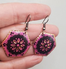 4 Pr. Vtg COPPER Artisian Earrings: Buddha Knot, Basket, Pink & Purple Enamel