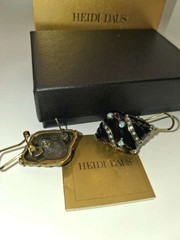 Heidi Daus Signed Seashell Clip Earrings Black Enamel Aqua Crystal NIB