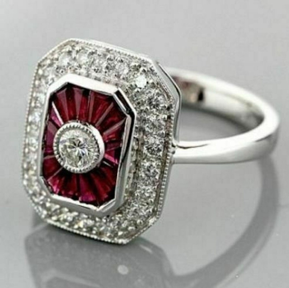 Art Deco Style Radiant Cut Ring 2.1 Ct Lab Created Diamond 14k White Gold Over