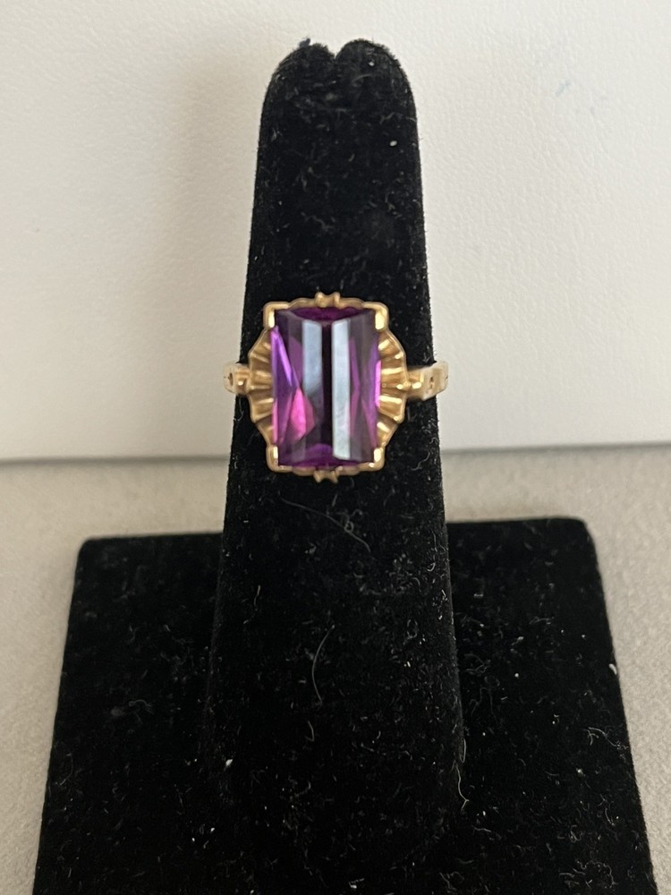 Vintage Antique Art Deco 10Kt Yellow Gold Synthetic Purple Sapphire Ring 5.25sz